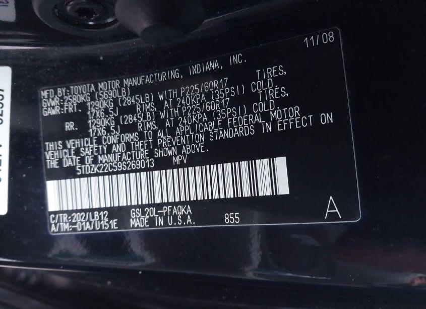 Photo 9 of 2009 Toyota Sienna XLE (VIN 5TDZK22C59S269013)