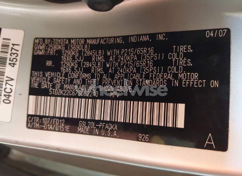 Photo 9 of 2007 Toyota Sienna XLE/XLE LIMITED (VIN 5TDZK22C67S062210)