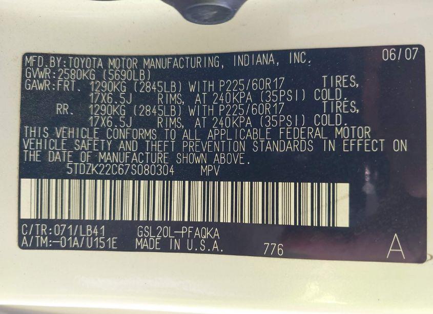 Photo 9 of 2007 Toyota Sienna XLE (VIN 5TDZK22C67S080304)