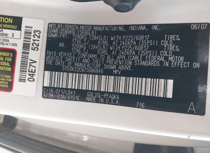 Photo 9 of 2007 Toyota Sienna XLE LIMITED (VIN 5TDZK22C67S086846)
