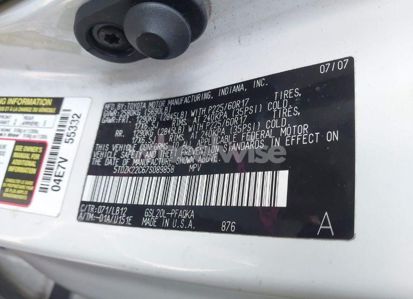 Photo 9 of 2007 Toyota Sienna XLE (VIN 5TDZK22C67S089858)