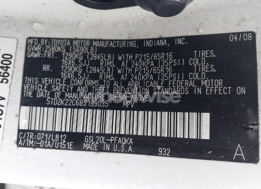 Photo 9 of 2008 Toyota Sienna XLE (VIN 5TDZK22C68S199035)