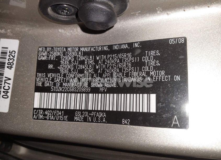 Photo 9 of 2008 Toyota Sienna XLE (VIN 5TDZK22C68S209899)