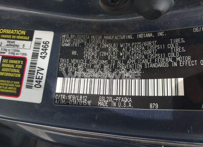 Photo 9 of 2008 Toyota Sienna LIMITED (VIN 5TDZK22C68S223902)