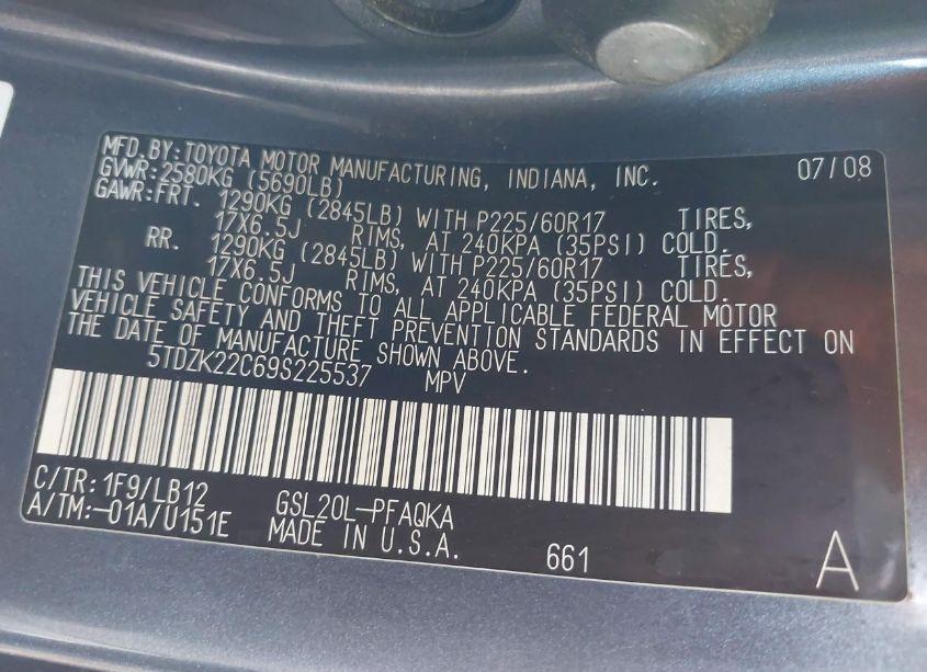 Photo 9 of 2009 Toyota Sienna XLE (VIN 5TDZK22C69S225537)
