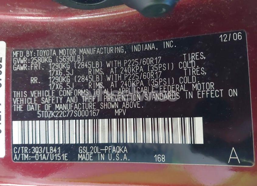 Photo 9 of 2007 Toyota Sienna XLE (VIN 5TDZK22C77S000167)