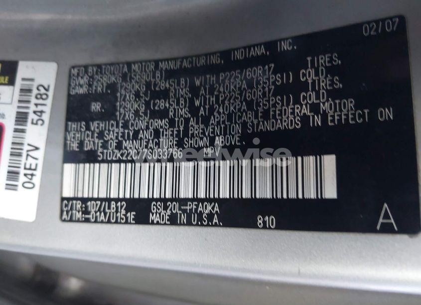 Photo 9 of 2007 Toyota Sienna XLE (VIN 5TDZK22C77S033766)