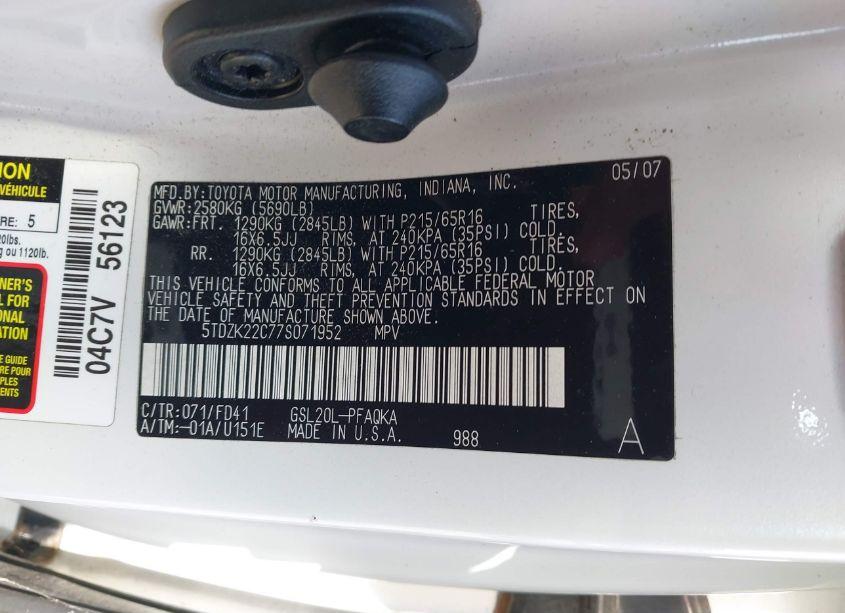 Photo 9 of 2007 Toyota Sienna XLE (VIN 5TDZK22C77S071952)