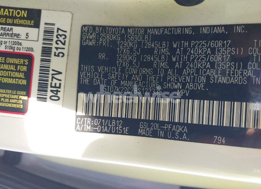 Photo 9 of 2008 Toyota Sienna XLE (VIN 5TDZK22C78S122335)