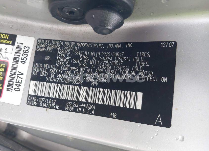 Photo 9 of 2008 Toyota Sienna XLE (VIN 5TDZK22C78S153388)