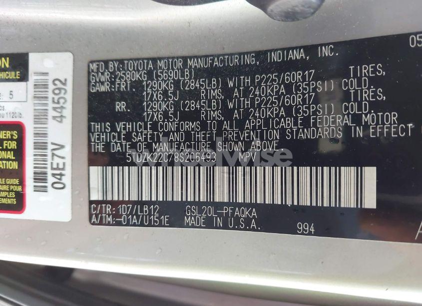 Photo 9 of 2008 Toyota Sienna LIMITED (VIN 5TDZK22C78S206493)