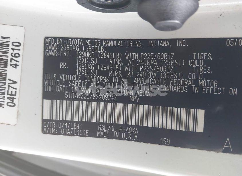 Photo 9 of 2008 Toyota Sienna LIMITED (VIN 5TDZK22C78S209247)