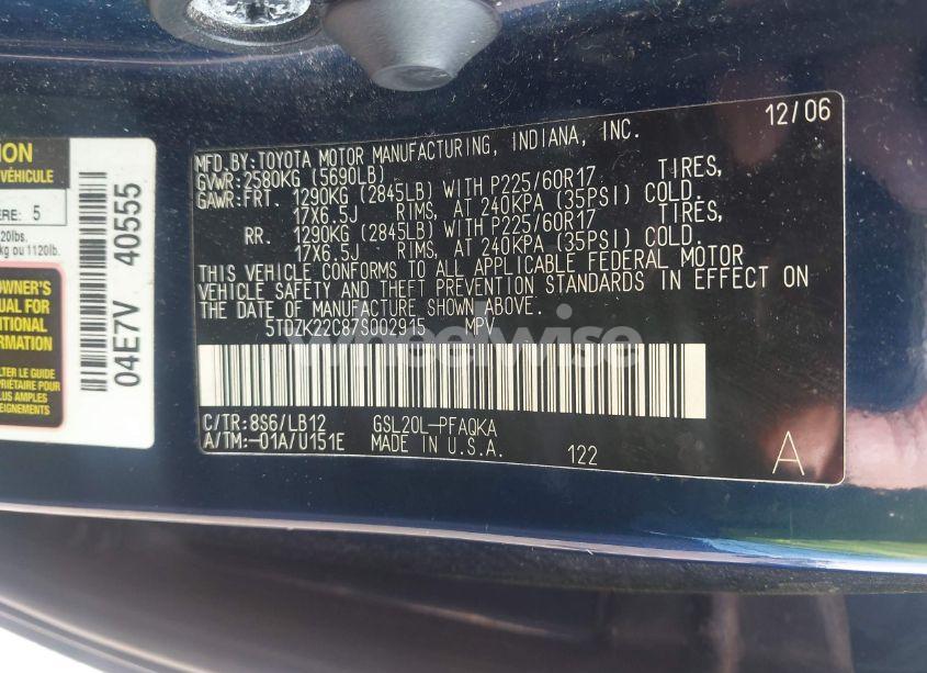 Photo 9 of 2007 Toyota Sienna XLE (VIN 5TDZK22C87S002915)