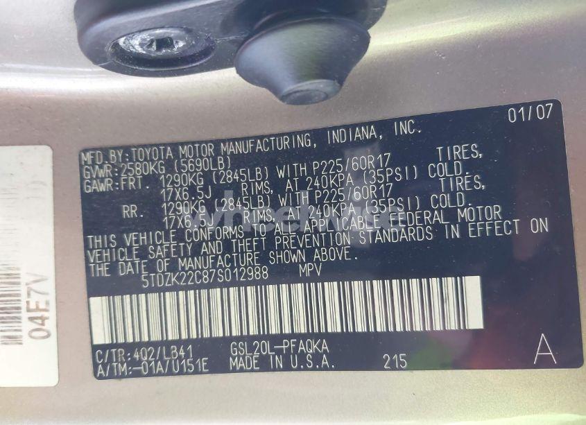 Photo 9 of 2007 Toyota Sienna XLE (VIN 5TDZK22C87S012988)