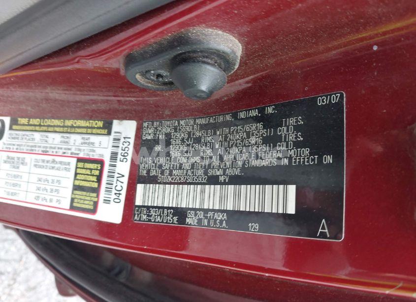 Photo 9 of 2007 Toyota Sienna XLE (VIN 5TDZK22C87S035932)