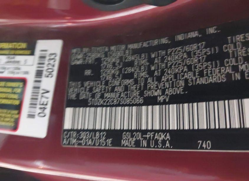 Photo 9 of 2007 Toyota Sienna XLE (VIN 5TDZK22C87S085066)