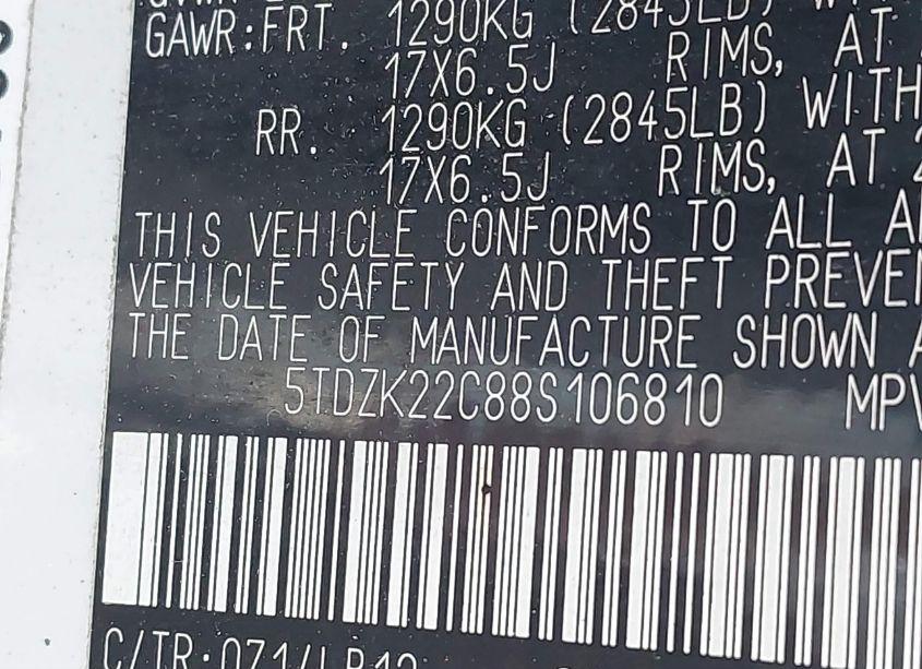 Photo 9 of 2008 Toyota Sienna XLE (VIN 5TDZK22C88S106810)