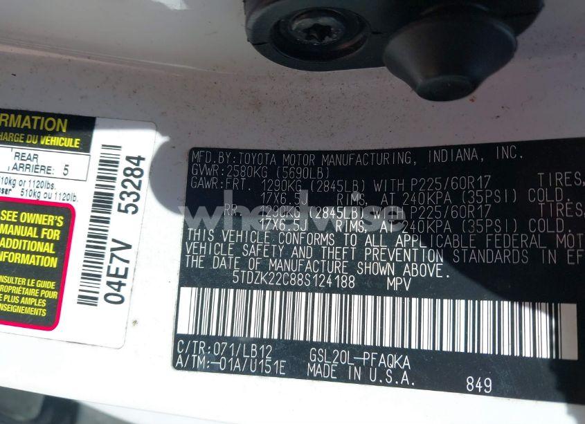 Photo 9 of 2008 Toyota Sienna LIMITED (VIN 5TDZK22C88S124188)