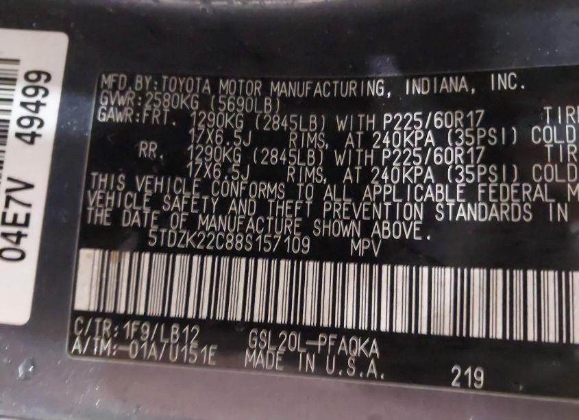 Photo 9 of 2008 Toyota Sienna XLE (VIN 5TDZK22C88S157109)