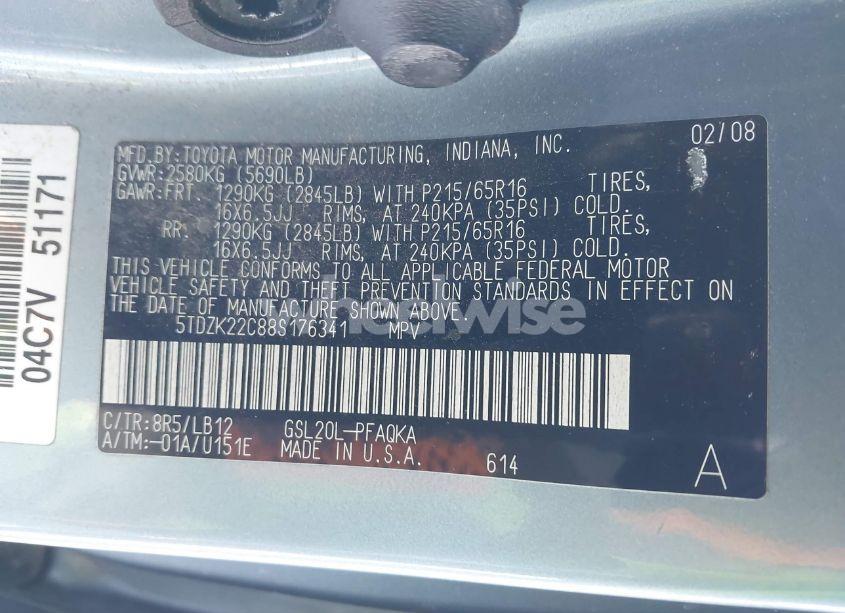 Photo 9 of 2008 Toyota Sienna XLE (VIN 5TDZK22C88S176341)