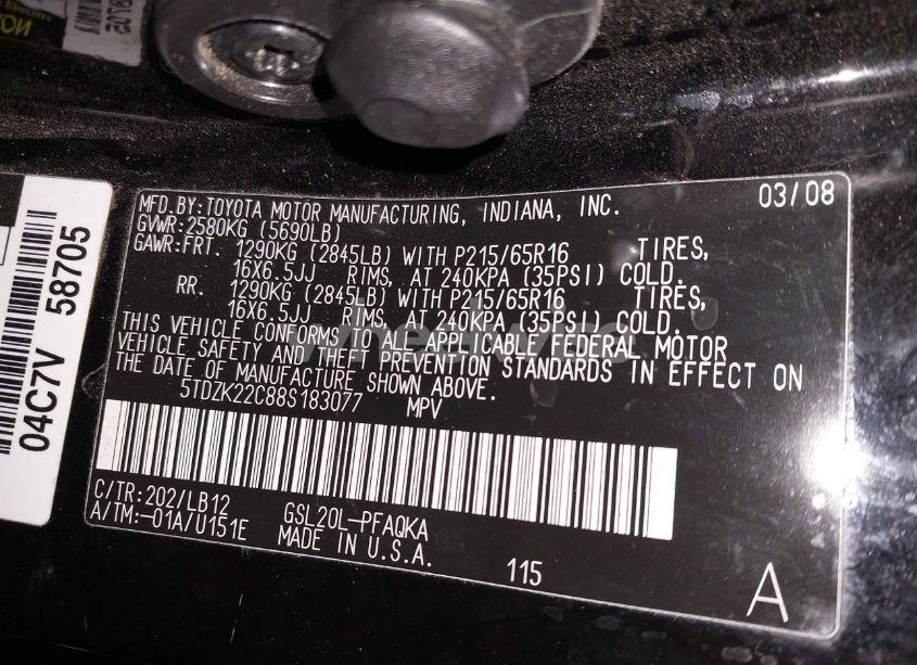 Photo 9 of 2008 Toyota Sienna XLE (VIN 5TDZK22C88S183077)