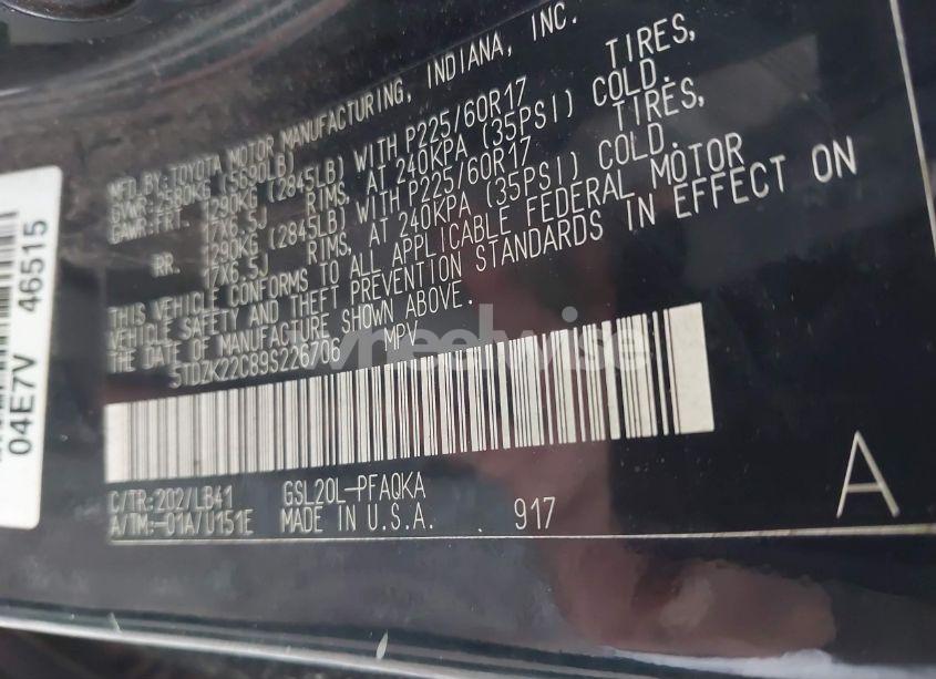 Photo 9 of 2009 Toyota Sienna XLE (VIN 5TDZK22C89S226706)