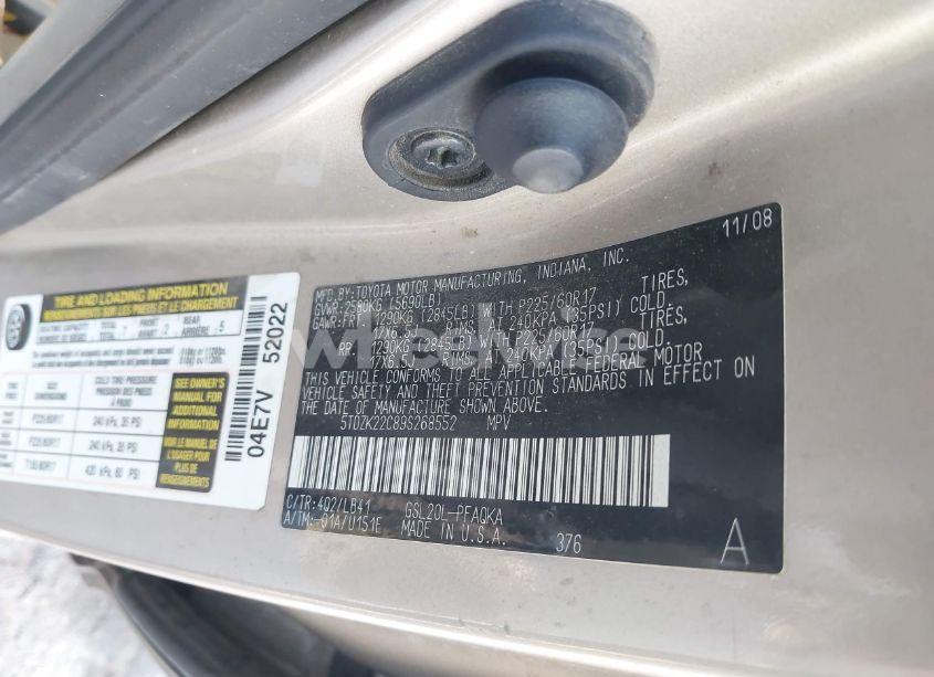 Photo 9 of 2009 Toyota Sienna LIMITED (VIN 5TDZK22C89S268552)