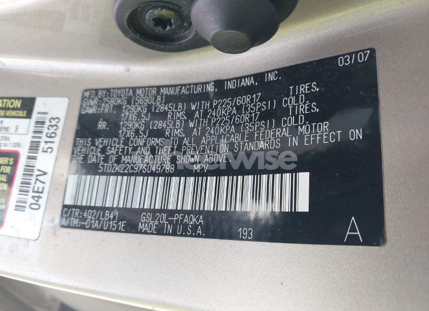 Photo 9 of 2007 Toyota Sienna XLE (VIN 5TDZK22C97S049788)