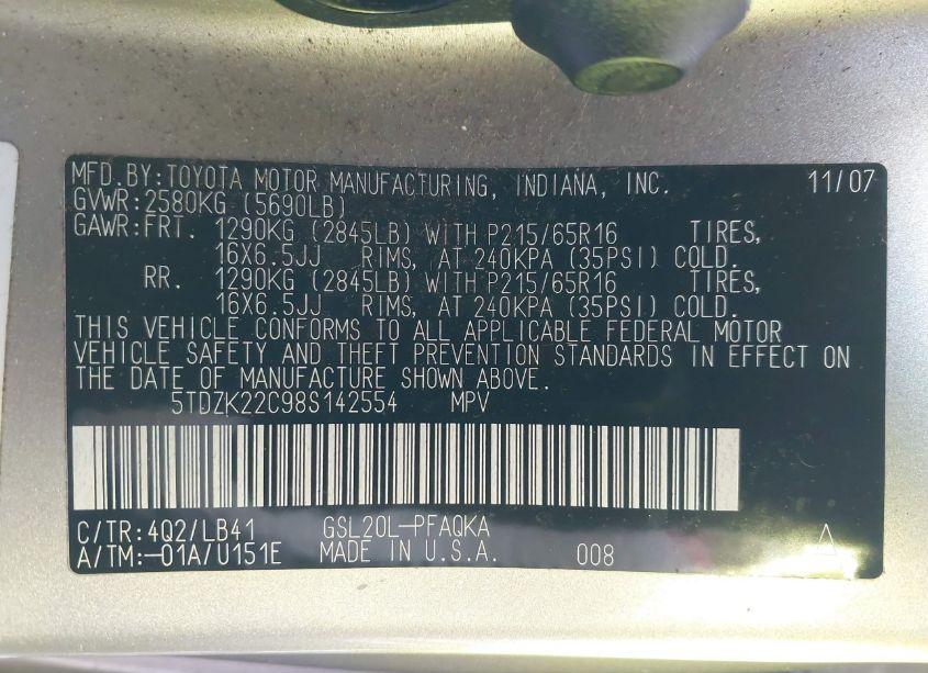 Photo 9 of 2008 Toyota Sienna XLE (VIN 5TDZK22C98S142554)