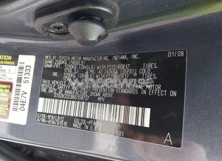 Photo 9 of 2008 Toyota Sienna XLE (VIN 5TDZK22C98S158737)