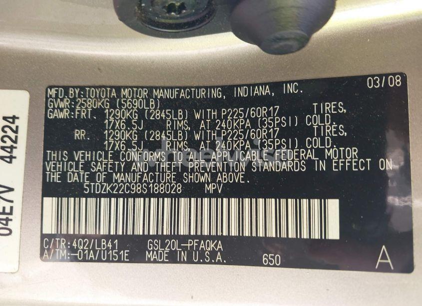 Photo 9 of 2008 Toyota Sienna XLE (VIN 5TDZK22C98S188028)