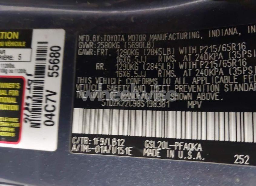 Photo 9 of 2008 Toyota Sienna XLE (VIN 5TDZK22C98S198381)