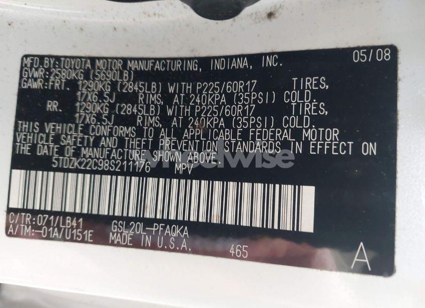 Photo 9 of 2008 Toyota Sienna XLE (VIN 5TDZK22C98S211176)