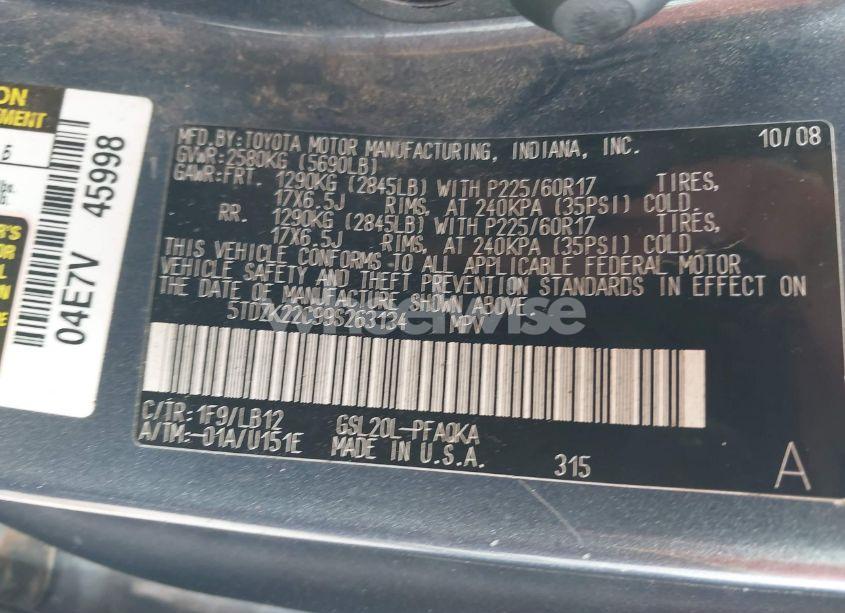 Photo 9 of 2009 Toyota Sienna XLE (VIN 5TDZK22C99S263134)