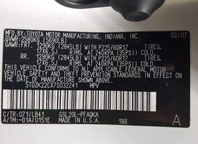 Photo 9 of 2007 Toyota Sienna XLE (VIN 5TDZK22CX7S032241)