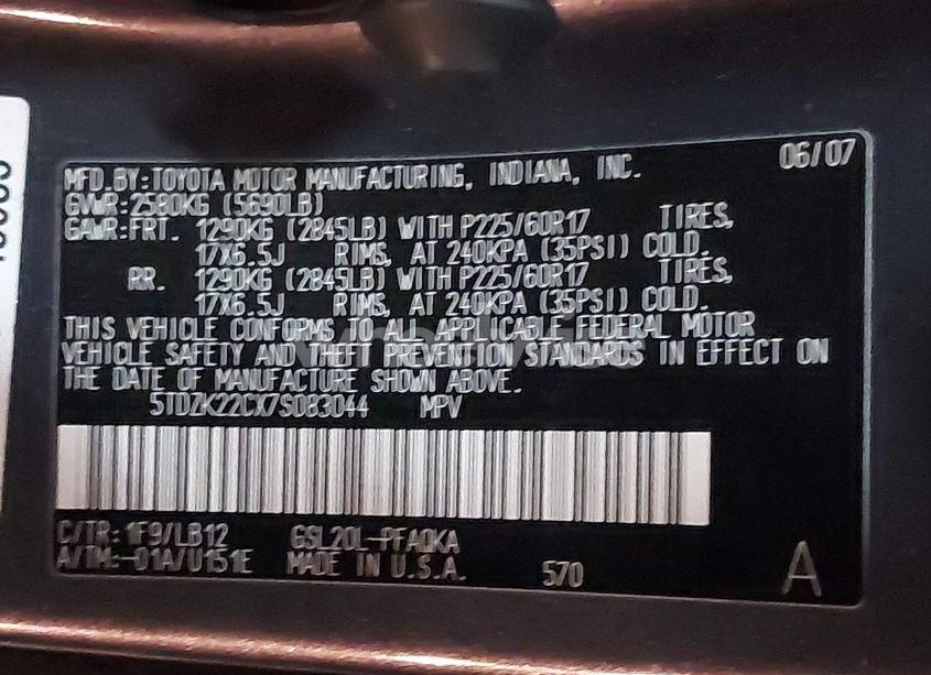 Photo 9 of 2007 Toyota Sienna XLE (VIN 5TDZK22CX7S083044)