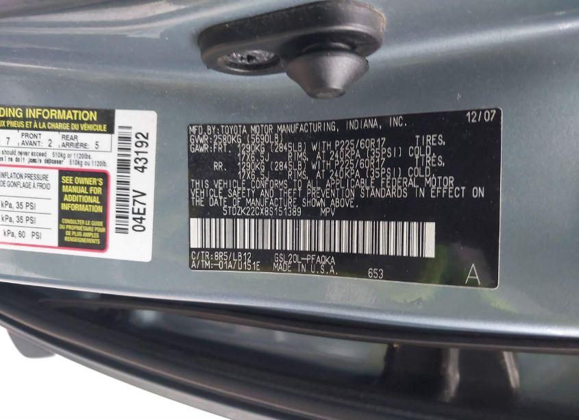 Photo 9 of 2008 Toyota Sienna XLE (VIN 5TDZK22CX8S151389)