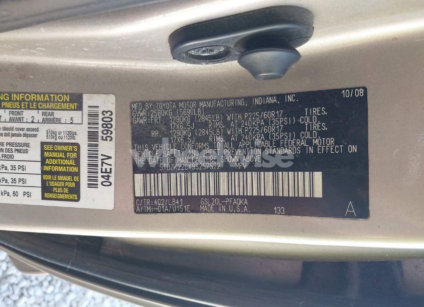 Photo 9 of 2009 Toyota Sienna XLE (VIN 5TDZK22CX9S257522)