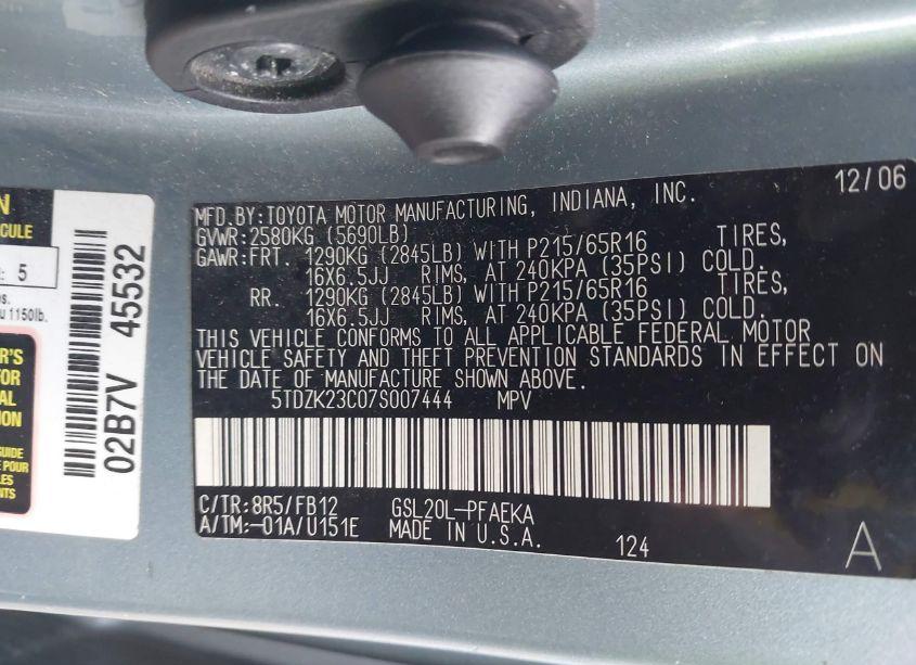 Photo 9 of 2007 Toyota Sienna CE (VIN 5TDZK23C07S007444)