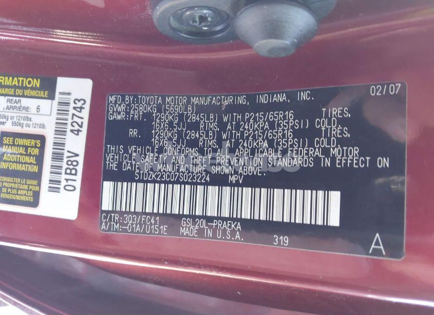 Photo 9 of 2007 Toyota Sienna LE (VIN 5TDZK23C07S023224)