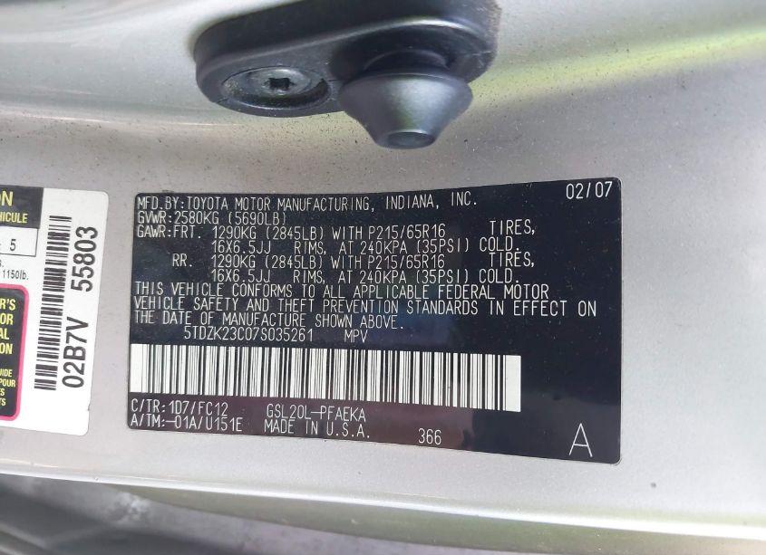 Photo 9 of 2007 Toyota Sienna LE (VIN 5TDZK23C07S035261)