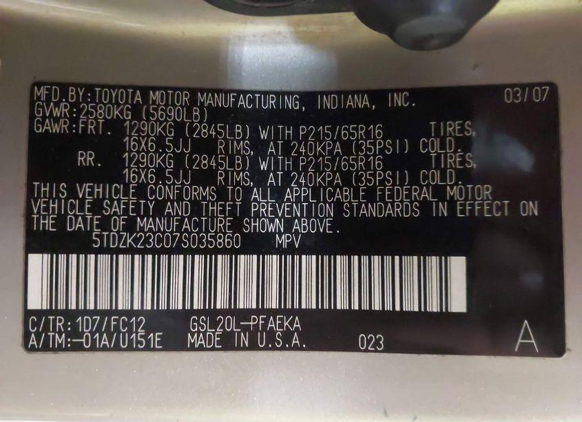 Photo 9 of 2007 Toyota Sienna LE (VIN 5TDZK23C07S035860)