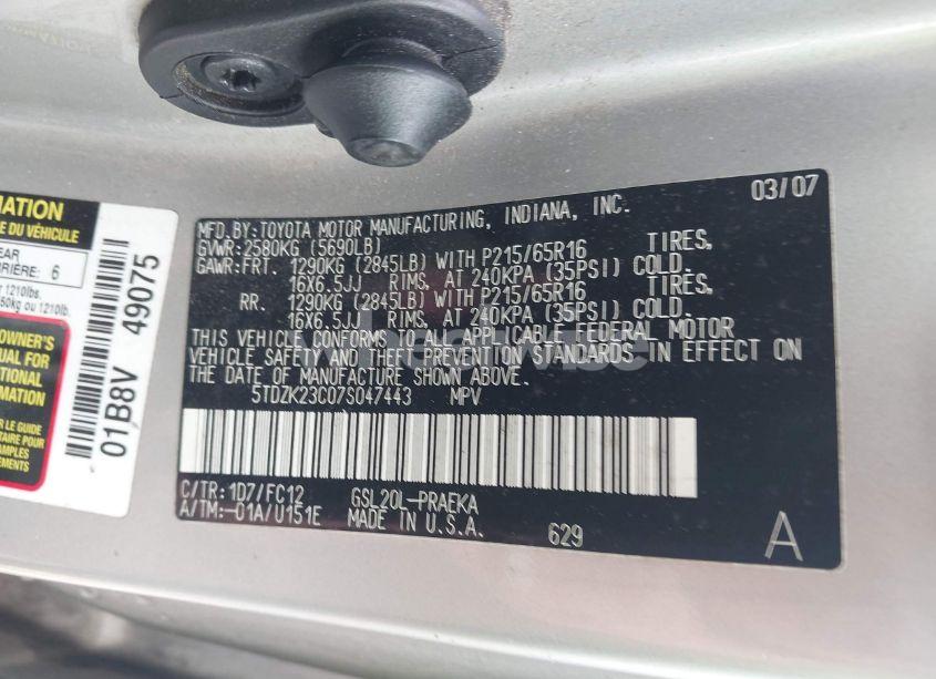 Photo 9 of 2007 Toyota Sienna LE (VIN 5TDZK23C07S047443)
