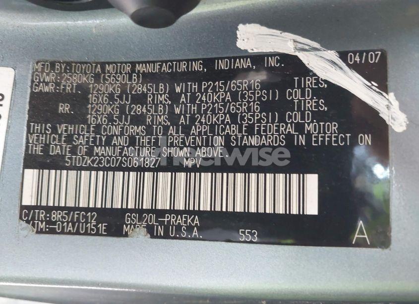 Photo 9 of 2007 Toyota Sienna LE (VIN 5TDZK23C07S061827)