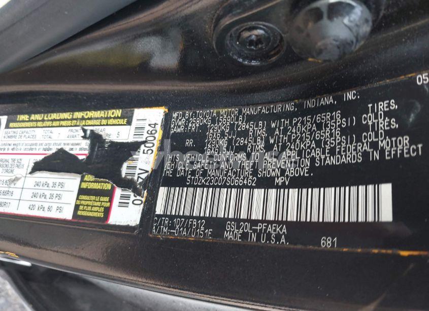 Photo 9 of 2007 Toyota Sienna CE (VIN 5TDZK23C07S066462)