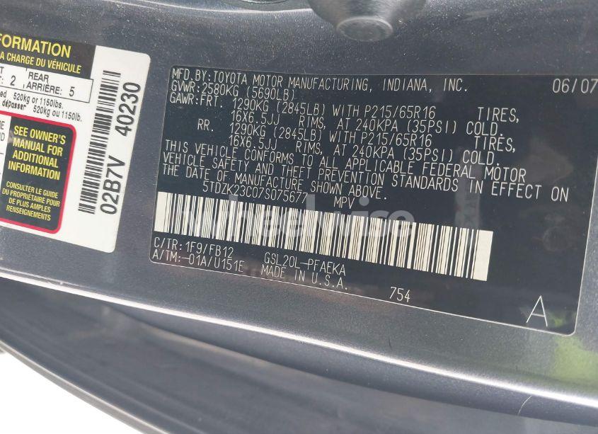 Photo 9 of 2007 Toyota Sienna CE (VIN 5TDZK23C07S075677)