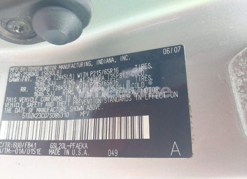 Photo 9 of 2007 Toyota Sienna CE/LE (VIN 5TDZK23C07S086310)