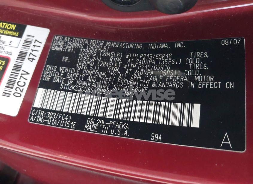 Photo 9 of 2008 Toyota Sienna LE (VIN 5TDZK23C08S100837)