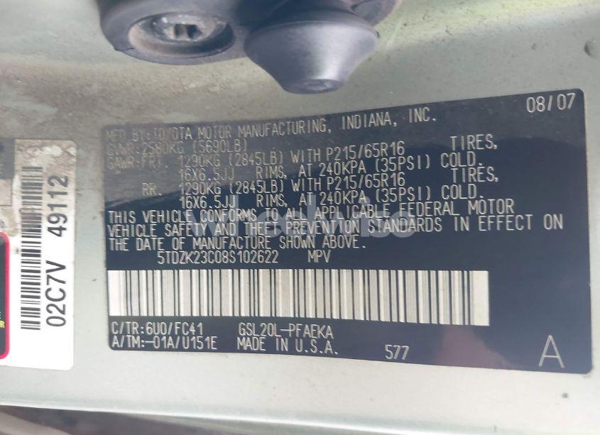 Photo 9 of 2008 Toyota Sienna LE (VIN 5TDZK23C08S102622)