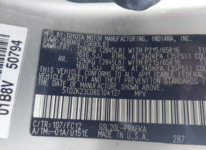 Photo 9 of 2008 Toyota Sienna LE (VIN 5TDZK23C08S104127)